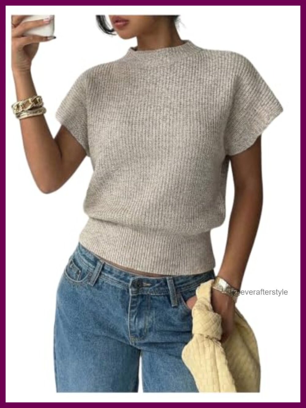 Mock Neck Short Sleeve Cinched Waist Knit Sweater Business Casual Top